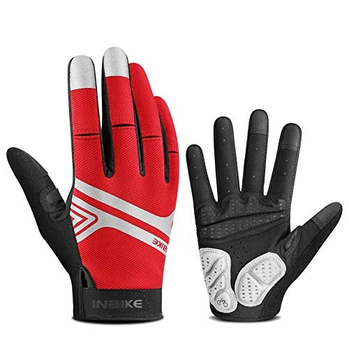 Mountain Bike Gloves : INBIKE Mountain Bike Gloves for Men, Screen Touch Cycling Gloves MTB Paded Full Finger Red S