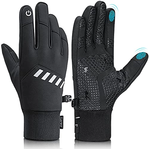 Mountain Bike Gloves : LERWAY Winter Warm Gloves for Men and Women, Thermal Touchscreen Gloves with Anti-Slip Silicone Patterns, Waterproof and Windproof Black Gloves For Running, Cycling, Hiking, Driving, Skiing