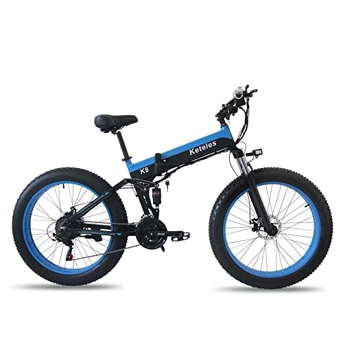 Zusammenklappbares elektrisches Mountainbike : 26-Zoll-Elektrofahrrad, 4, 0-Fettreifen-Snowbike, Mountainbike, ATV, ausgestattet mit Shimano 21 Abnehmbarer Lithiumbatterie, 48V15Ah, geeignet für Erwachsene (blau)