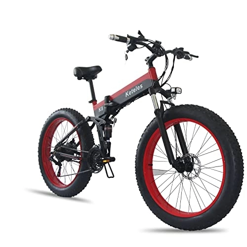 Zusammenklappbares elektrisches Mountainbike : 26-Zoll-Elektrofahrrad, 4, 0-Fettreifen-Snowbike, Mountainbike, ATV, ausgestattet mit Shimano 21 Abnehmbarer Lithiumbatterie, 48V15Ah, geeignet für Erwachsene (rot)