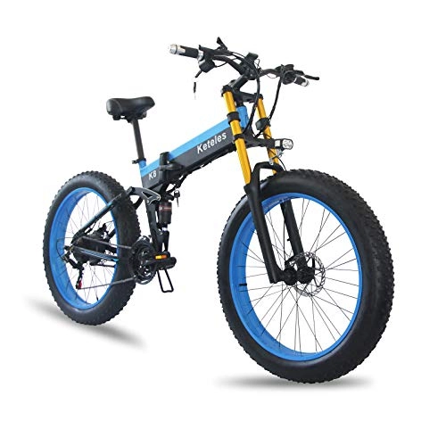 Zusammenklappbares elektrisches Mountainbike : Electric Bike, 26 Inch Foldable Electric Mountain Bike, 4.0 Inch Grease Tyres, Electric Beach Snow E Bike, 48 V, 15 Ah Removable Li-Ion Battery E Bicycle for Adults, Men and Women (Blau)