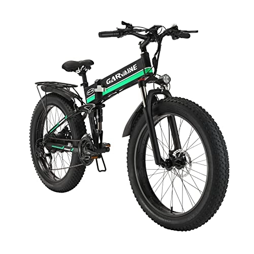 Zusammenklappbares elektrisches Mountainbike : GAVARINE Fat Tire Elektrofahrrad, faltbares Mountainbike mit Federgabel und Vollfederung, mit Abnehmbarer 48-V-12, 8-AH-Lithiumbatterie und 3, 5-Zoll-LCD-Bildschirm (Grün)