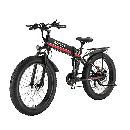 Zusammenklappbares elektrisches Mountainbike : GUNAI Electric Bike 26 Zoll Faltbarer Fetter Reifen Snowbike 7-Gang-Mountainbike mit Rücksitz （Rot）