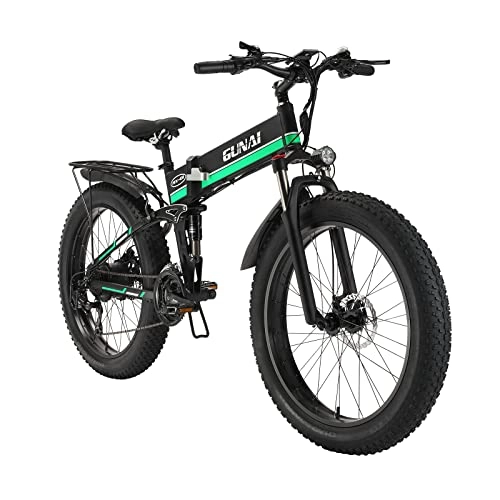 Zusammenklappbares elektrisches Mountainbike : GUNAI Electric Bike 26 Zoll Faltreifen Fat Tire Snow Bike 7-Gang Mountainbike E-Bike mit Rücksitz （Grün）