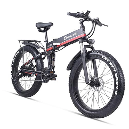 Zusammenklappbares elektrisches Mountainbike : HOME-MJJ Folding Elektro-Fahrrad for Erwachsene 26" Elektro-Fahrrad / Arbeitsweg Ebike mit 1000W Motor 48V 12.8Ah Batterie Professionelle 21-Gang Getriebe Gears (Color : Red, Size : 48V-12.8Ah)