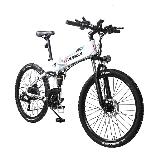 Zusammenklappbares elektrisches Mountainbike : KAISDA E-Bike Klapprad Elektrofahrrad K1 26-Zoll-Elektro-Mountainbike, Abnehmbarer Akku 48V10 AH, Shimano 21-Gang, LCD-Display, Weiß