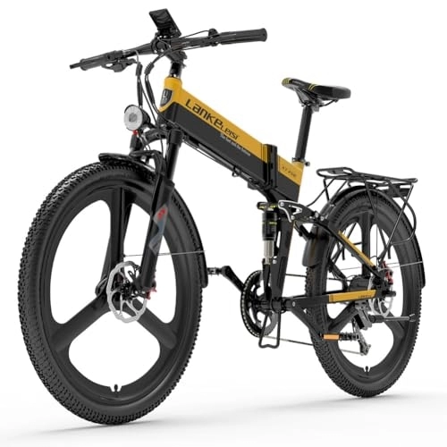 Zusammenklappbares elektrisches Mountainbike : Kinsella XT750 Sportliches E-Bike mit hydraulischen Scheibenbremsen, Reifen 26 x 2, 35, 7 Geschwindigkeitsstufen und Lithium-Akku 48 V, 12, 8 Ah (schwarz, gelb)