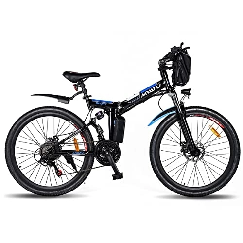 Zusammenklappbares elektrisches Mountainbike : MYATU E-Bike, 26 Zoll Elektrofahrrad E-Klapprad mit 36V 10.4Ah Abnehmbarer Akku für eine Reichweite bis 60km, 250W Motor und Shimano 21-Gang E-Mountainbike