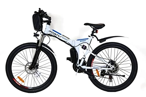 Zusammenklappbares elektrisches Mountainbike : MYATU Elektrofahrrad Mountainbike，26 Zoll，mit 21-Gang Shimano Kettenschaltung，250W Motor, 36V 10.4Ah Lithium-Ionen-Akku, 25 km / h, Faltbares ebike für Damen und Herren weiß