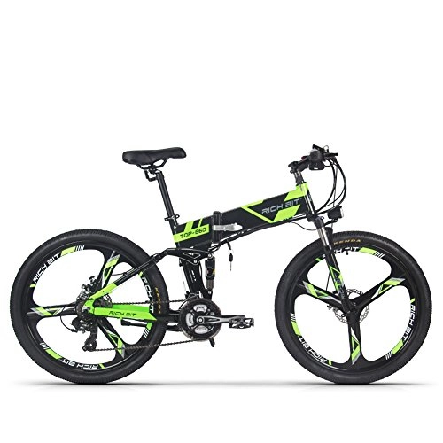 Zusammenklappbares elektrisches Mountainbike : RICH BIT Faltbares Elektrofahrrad für Erwachsene, 26-Zoll-Elektro-Mountainbike mit abnehmbarem 36-V-12, 8-AH-Akku, vollgefedertes E-Bike(Schwarz & Grün)
