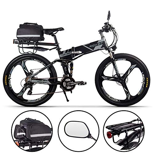 Zusammenklappbares elektrisches Mountainbike : RICH BIT RT-860 Faltbares Elektrofahrrad 26", 250 W E-Bike mit austauschbarem 12, 8-Ah-Akku, 21 Geschwindigkeiten, Vollfederung (grau-Plus)