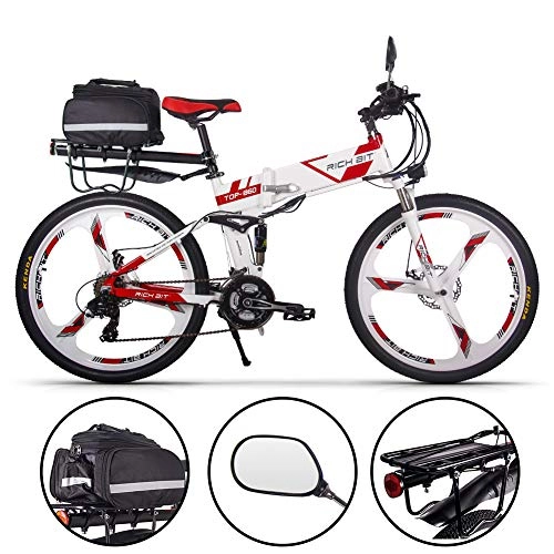 Zusammenklappbares elektrisches Mountainbike : RICH BIT RT-860 Faltbares Elektrofahrrad 26", 250 W E-Bike mit austauschbarem 12, 8-Ah-Akku, 21 Geschwindigkeiten, Vollfederung (rot-Plus)