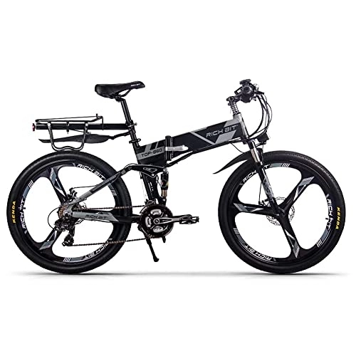 Zusammenklappbares elektrisches Mountainbike : RICH BIT RT-860 Faltbares Elektrofahrrad 26", E-Bike mit austauschbarem 12, 8-Ah-Akku, 21 Geschwindigkeiten, Vollfederung (grau)