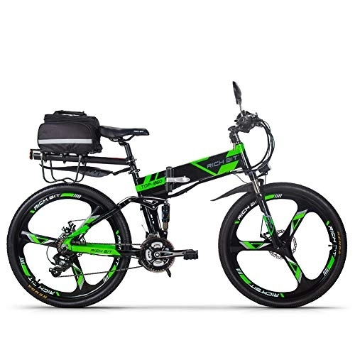 Zusammenklappbares elektrisches Mountainbike : RICH BIT RT-860 Faltbares Elektrofahrrad 36V 12, 8A Li-Akku Faltrad 26 Zoll MTB E-Bike Shimano 21 Gang (Grün)