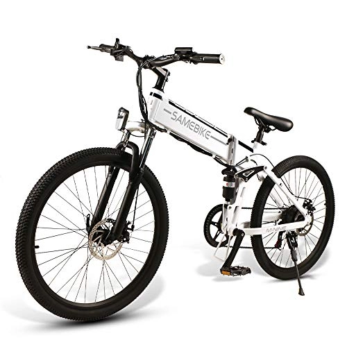 Zusammenklappbares elektrisches Mountainbike : SAMEBIKE 26 Zoll Reifen 48V 10AH Elektrofahrrad Moped Speichenrand Faltbar Ebike Mountainbike für Erwachsene (Weiß)