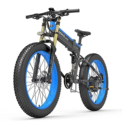Zusammenklappbares elektrisches Mountainbike : T750plus 26-Zoll-Klapp-Elektrofahrrad, 27-Gang-4, 0-Breitreifen-Snowbike, ausgestattet mit 48V14, 5Ah / 17, 5Ah-Lithiumbatterie (14.5Ah, blau)