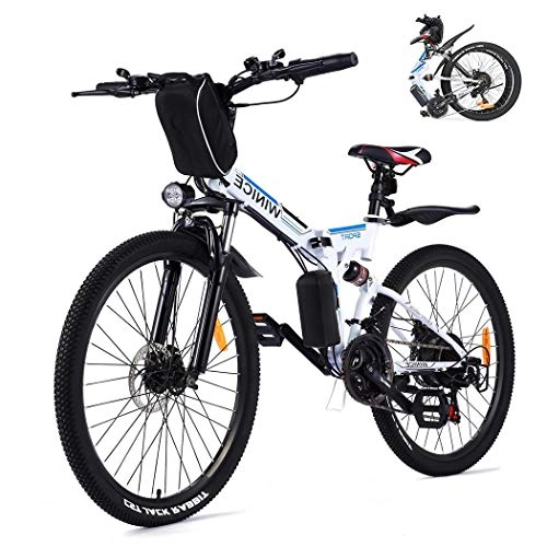 Zusammenklappbares elektrisches Mountainbike : Vivi 26" Elektrofahrrad Ebike, 21-Gang Mountainbike für Erwachsene, abnehmbare 36V 8Ah Batterie, doppelte Stoßdämpfung 250W (Weiß Blau)