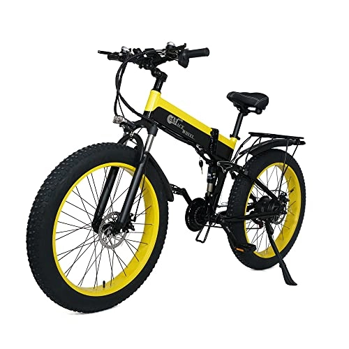 Zusammenklappbares elektrisches Mountainbike : X26 26-Zoll-Klapp-Elektro-Mountainbike für Erwachsene, Snowbike, 21-Gang-Elektrofahrrad mit Zwei austauschbaren 10-Ah-Batterien (Gelb (10-Ah-Batterien * 2))