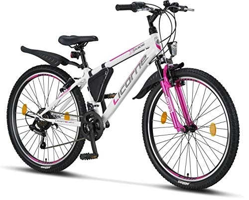 Vélo de montagnes : Licorne Bike Guide Vélo VTT haut de gamme pour filles, garçons, hommes et femmes Vélo avec dérailleur Shimano 21 vitesses, Mixte, blanc / rose, 26