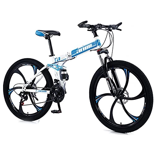 Vélos de montagne pliant : QQLK Adulte Vélo de Montagne Pliant 26", Dérailleur 30 Vitesses, Double Freins à Disque, White Blue, 6 Cutter Wheel