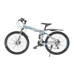 Fetcoi Mountain Bike pieghevoles Bicicletta pieghevole portatile da 26 pollici, 21 velocità, pieghevole, per sport all'aria aperta, con freni a doppio disco, bicicletta leggera in acciaio al carbonio per uomo e donna (blu e bianco)