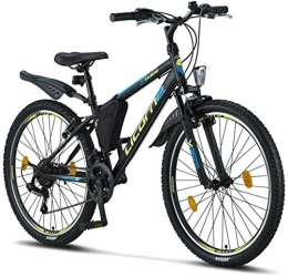 Licorne Bike Bicicleta Licorne Bike Guide Bicicleta de montaña de 26 pulgadas, cambio Shimano de 21 velocidades, suspensión de horquilla, bicicleta para niños y niñas, bolsa para cuadro, negro / azul / verde lima