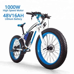 HZYK Electric Mountain Bike HZYK 26'' Electric Mountain Bike Fat Tire E-Bike (1000w 48v 16ah) Lithium-Ion Battery Full Suspension 21 Speed Shifter Mountain Bike Double Disc Brakes Adults Smart LCD Meter, Blue