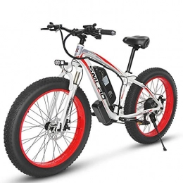 JUYUN Electric Mountain Bike JUYUN 350W Fat Tire Electric Bike, 26 inch Beach Bicycle Snow Ebike, Electric Mountain Bicycle with 48V / 15Ah Lithium Battery, Professional 21 Speed Gears, White Red