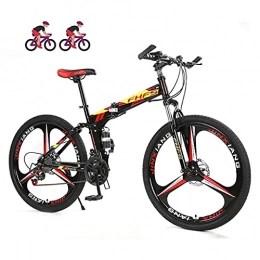HJRBM Folding Mountain Bike Adult Mountain Bike， 24 Inch Wheels， Mountain Trail Bike High Carbon Steel Folding Outroad Bicycles， 21 / 24 / 27 Speed Bicycle Full Suspension MTB Gears Dual Disc Brakes fengong (Color : Colorful Red)
