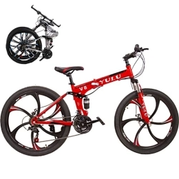 Generic Folding Mountain Bike Portable Folding Bike for Adults Foldable Adult Bicycles Folding Mountain Bike with Suspension Fork 26inch Gears Folding Bike Folding City Bike High Carbon Steel Frame, Red / 6, 30