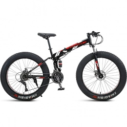 PY Bike PY 24 inch Folding Mountain Bike with Full Suspension High Carbon Steel Frame, Mens Fat Tire Mountain Bik with 7 / 21 / 24 / 27 / 30 Speed, Double Disc Brake and 4-Inch Wide Knobby Tires / Black Red / 24Inch 21Sp