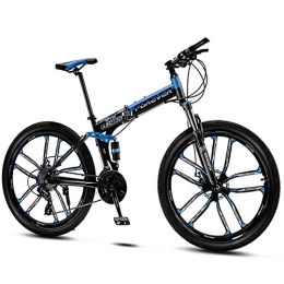 QMMD Folding Mountain Bike QMMD Mountain Bikes Adult, 26-Inch Folding Mountain Trail Bike, Dual Disc Brake Mountain Bicycle, 21-24-27-30-Speed Anti-Slip Bikes, Full Suspension Road Bike, blue 10 Spoke, 30 speed