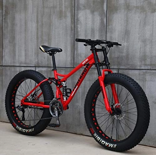 Fat Tyre Mountain Bike : 26 pollici mountain bike fat wheel 21 velocità bicicletta telaio in ferro doppia sospensione completa con freno a disco (rosso)