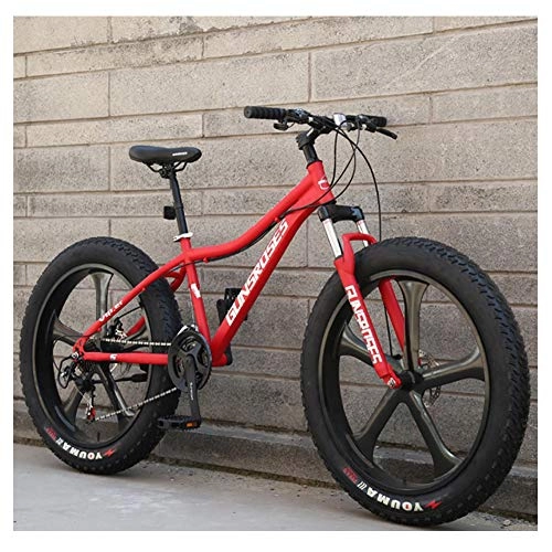 Fat Tyre Mountain Bike : Adulti Mountain Bike 26 Pollici Pneumatico Grasso Mountain Biciclette con Sospensioni Anteriori per Uomo / Donna, Freni a Disco & Telaio in Acciaio ad Alto Tenore di Carbonio, 5 spoke red, 27 Speed