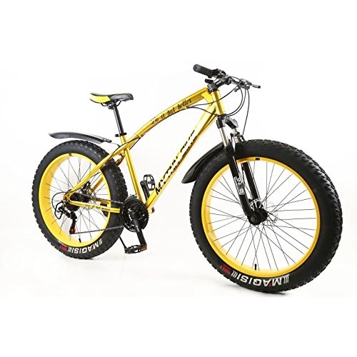 Fat Tyre Mountain Bike : Design 2019 Fatbike oro / giallo 26 pollici 21 marce sospensione completa Shimano Fat Tyre modello Mountain Gold 47 cm RH Snow Bike Fat Bike