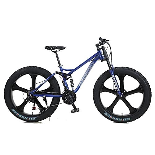 Fat Tyre Mountain Bike : Fat Tire Mountain Bike, 7 velocità, Cambio Shimano, con Telaio in Acciaio Ad Alto Tenore di Carbonio, Doppio Freno a Disco E Bici Antiscivolo con Ruote da 26 Pollici Blue-5 Spoke Wheel