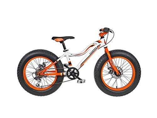 Fat Tyre Mountain Bike : FREJUS Fat Bike 20""-Bicicletta Fat Bike Junior per Bambino, 6 velocità, Telaio in Acciaio, Bianco / Arancione