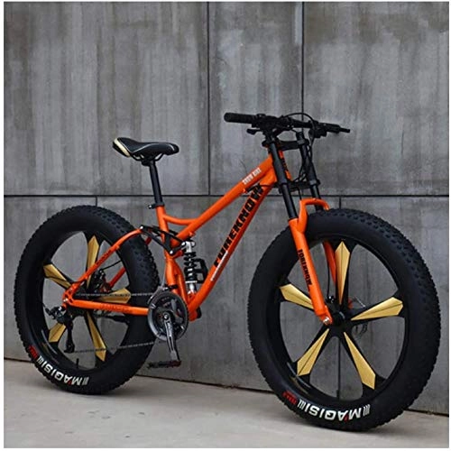 Fat Tyre Mountain Bike : LFSTY Mountain Bike, 26 Pollici Fat Bike da Montagna, Telaio in Acciaio ad Alto Tenore di Carbonio Biciclette, Bicicletta Biammortizzata, 21 Speed, Orange 5 Spoke