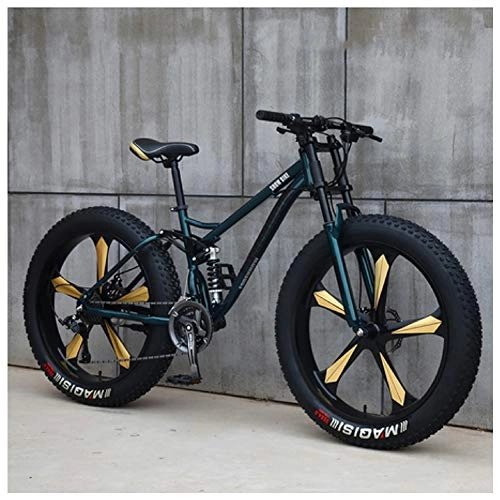 Fat Tyre Mountain Bike : NENGGE Mountain Bike, 26 Pollici Fat Bike da Montagna, Telaio in Acciaio ad Alto Tenore di Carbonio Biciclette, Bicicletta Biammortizzata, 24 Speed, Green 5 Spoke