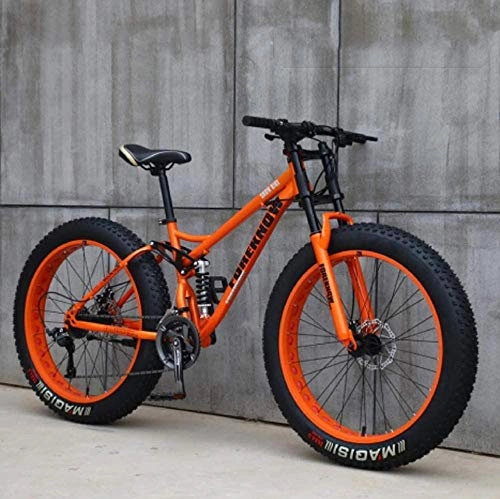 Fat Tyre Mountain Bike : PAXF 26-inch Mountain Bike 24-Speed Gearshift Adult Fat Tires Bicycle Frame Made of Carbon Steel Full Suspension Disc Brakes Hardtail Bike-Orange