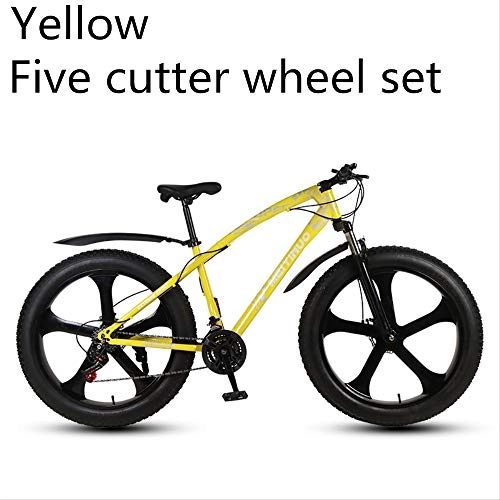 Fat Tyre Mountain Bike : xmb Yellow Five-Cutter Wheel Set Adult off-Road Bicycles, Men And Women Mountain Bikes with Full Suspension, Fat Tires High Carbon Steel Suspension Youth Men And Women Mountain Bikes (21-Speed)