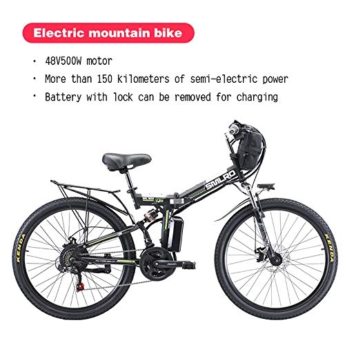 Mountain bike elettrica pieghevoles : AKEFG Bici Elettrica, 26 '' Electric Mountain Bike Rimovibile di Alta capacit agli ioni di Litio 48V 350W, Bici elettrica 21 Speed Gear Tre modalit Operative, Nero, 500W