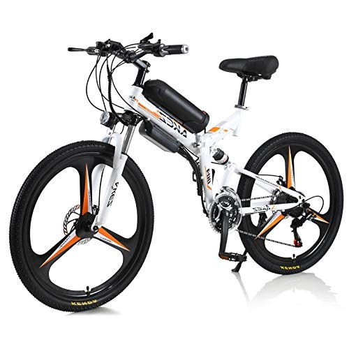 Mountain bike elettrica pieghevoles : AKEZ Bicicletta elettrica pieghevole per adulti, 26", 250 W, bicicletta elettrica pieghevole, per uomo e donna, con batteria da 36 V e cambio Shimano a 21 marce (bianco arancione)