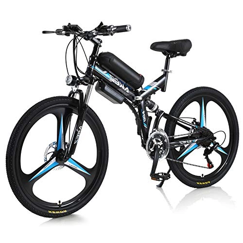 Mountain bike elettrica pieghevoles : AKEZ Bicicletta elettrica pieghevole per adulti, 26", 250 W, bicicletta elettrica pieghevole, per uomo e donna, con batteria da 36 V e cambio Shimano a 21 velocità (nero / blue)