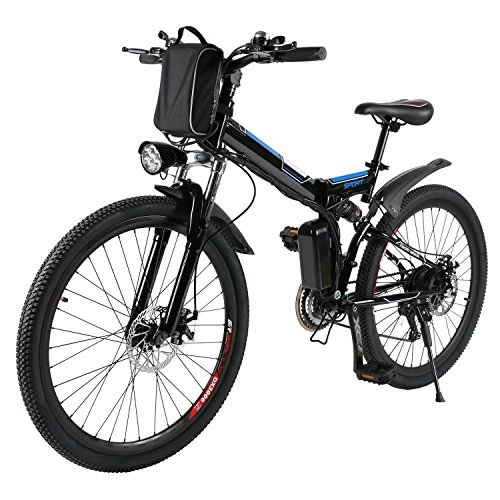 Mountain bike elettrica pieghevoles : AMDirect Bicicletta da Montagna Elettrica Pieghevole con Ruote di 26 Pollici Batteria Litio di Grande Capacità 36V 250W Sospensione Completa Premium e Cambio Shimano (Nero)