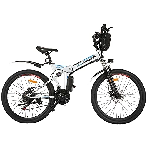 Mountain bike elettrica pieghevoles : ANCHEER Bici Elettriche 26" per Adulti, Bici Pendolare Elettrica Pieghevole con Motore 250W Batteria al Litio 36V 8Ah Cambio a 21 Velocità (bianca)