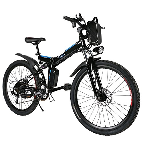 Mountain bike elettrica pieghevoles : ANCHEER Bici Elettriche da Montagna 26 Pollici, Mountain Bike Batteria al Litio (36 V 250 W) 21 velocità di Sospensione Completa e Attrezzatura Shimano (Nero + Blu (Pieghevole))