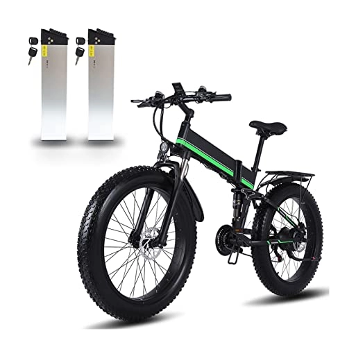 Mountain bike elettrica pieghevoles : Bici elettrica da 1000 W 48 V Motore per Uomo Pieghevole Ebike Lega di Alluminio Fat Tire MTB Bicicletta elettrica da Neve (Colore : Green-2 Battery)