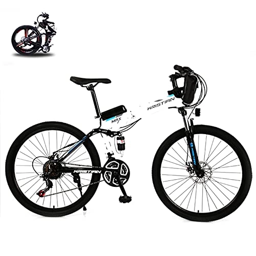Mountain bike elettrica pieghevoles : Bicicletta elettrica pieghevole da 26", 350 W, batteria rimovibile, adatta per diversi terreni (ruota a raggi bianca)