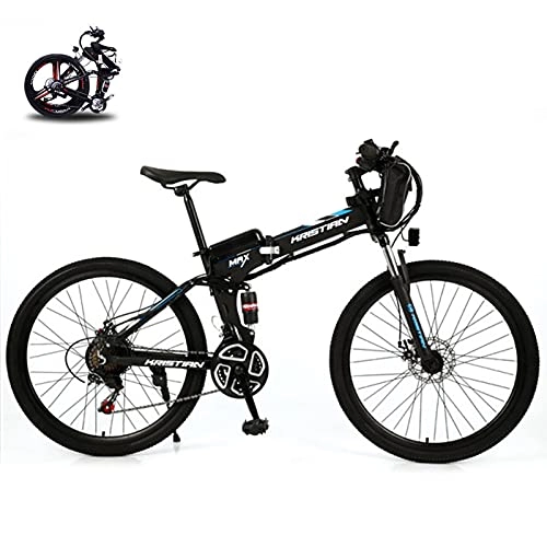 Mountain bike elettrica pieghevoles : Bicicletta elettrica pieghevole da 26", 350 W, batteria rimovibile, adatta per diversi terreni (ruota a raggi blu, nera)